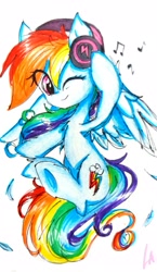Size: 2067x3555 | Tagged: safe, artist:liaaqila, character:rainbow dash, species:pegasus, species:pony, cute, female, headphones, hooves, music notes, one eye closed, raised hoof, raised leg, simple background, smiling, solo, traditional art, underhoof, white background