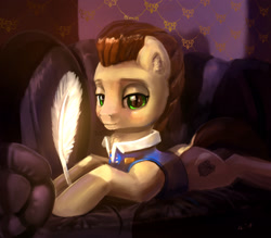 Size: 2323x2036 | Tagged: safe, artist:xbi, character:davenport, species:earth pony, species:pony, 30 minute art challenge finished after, clothing, couch, feather, looking at you, male, quill, solo, stallion