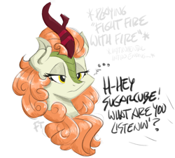 Size: 2224x2017 | Tagged: safe, artist:flutterthrash, character:autumn blaze, species:kirin, episode:sounds of silence, g4, my little pony: friendship is magic, ..., female, fight fire with fire, implied applejack, metallica, offscreen character, song reference