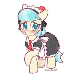 Size: 1638x1638 | Tagged: safe, artist:dawnfire, character:coco pommel, species:earth pony, species:pony, blushing, clothing, cocobetes, colored pupils, cute, dawwww, female, french maid, maid, mare, raised hoof, signature, simple background, smiling, solo, white background
