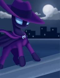 Size: 1935x2523 | Tagged: safe, artist:dusthiel, character:mare do well, species:pony, episode:the mysterious mare do well, g4, my little pony: friendship is magic, city, cityscape, clothing, costume, female, moon, night, solo