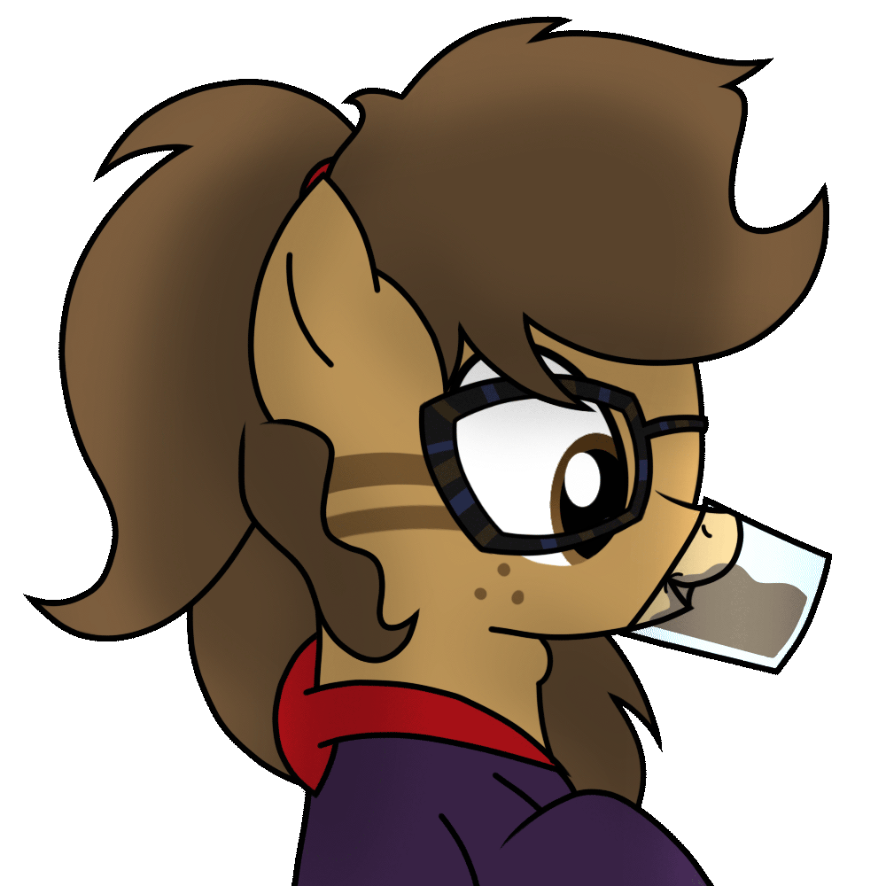 Size: 1000x1000 | Tagged: safe, alternate version, artist:toyminator900, oc, oc only, oc:binky, species:earth pony, species:pony, species:zony, animated, body markings, chocolate, chocolate milk, clothing, cup, cute, drinking, endless, female, freckles, gif, glasses, gulp, hoodie, horse problems, hybrid, mare, milk, nerd, open mouth, ponytail, scrunchie, simple background, smiling, solo, swallowing, transparent background