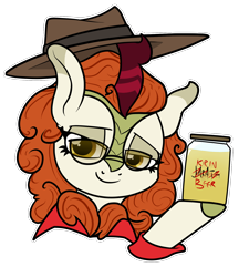 Size: 1458x1620 | Tagged: safe, artist:moonatik, character:autumn blaze, species:kirin, episode:sounds of silence, g4, my little pony: friendship is magic, bust, clothing, female, glasses, hat, hoof hold, horn, jar, jarate, kirin beer, kirin beer is pee, lidded eyes, looking at you, pee in container, shirt, simple background, smiling, smirk, smug, sniper, solo, team fortress 2, transparent background, urine