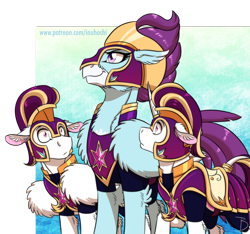 Size: 1600x1495 | Tagged: safe, artist:inuhoshi-to-darkpen, character:stratus skyranger, species:classical hippogriff, species:hippogriff, species:pegasus, species:pony, species:unicorn, armor, chest fluff, clothing, confident, curved horn, floppy ears, fluffy, horn, leg fluff, looking up, male, proud, raised hoof, royal guard, shrunken pupils, signature, standing, trio, twilight's royal guard, wing fluff