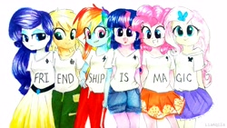 Size: 3729x2098 | Tagged: safe, artist:liaaqila, character:applejack, character:fluttershy, character:pinkie pie, character:rainbow dash, character:rarity, character:twilight sparkle, species:human, my little pony:equestria girls, clothing, cute, eye clipping through hair, female, hatless, mane six, miniskirt, missing accessory, open mouth, pants, pleated skirt, shirt, shorts, skirt, smiling, title drop, traditional art