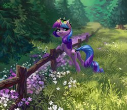 Size: 1602x1378 | Tagged: safe, artist:holivi, oc, oc only, species:pony, species:unicorn, female, fence, flower, forest, grass, hairband, leaning, lidded eyes, looking back, mare, meadow, nature, pine tree, plot, scenery, scenery porn, smiling, solo, spikes, tail wrap, tree