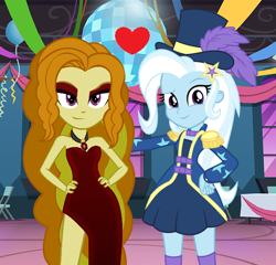 Size: 586x562 | Tagged: safe, artist:themexicanpunisher, character:adagio dazzle, character:trixie, ship:triagio, episode:street magic with trixie, g4, my little pony: equestria girls, my little pony:equestria girls, spoiler:eqg series (season 2), clothing, dress, female, lesbian, shipping, side slit