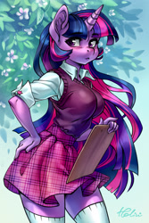 Size: 1378x2067 | Tagged: safe, artist:holivi, character:twilight sparkle, character:twilight sparkle (unicorn), species:anthro, species:pony, species:unicorn, :3, :<, adorasexy, adorkable, anime style, beautiful, big breasts, blouse, blurred background, blushing, breasts, busty twilight sparkle, clipboard, clothing, curvy, cute, cutie mark on clothes, dork, ear fluff, eyelashes, female, flower, hand on hip, horn, long hair, long nails, looking at you, mare, miniskirt, moe, nails, plaid skirt, pose, rolled up sleeves, school uniform, schoolgirl, sexy, shirt, signature, skirt, smiling, socks, solo, standing, stockings, sweater vest, thigh highs, thighs, tight clothing, twiabetes, unmoving plaid, zettai ryouiki