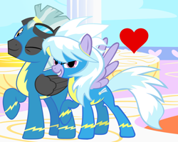 Size: 1352x1080 | Tagged: safe, artist:themexicanpunisher, character:cloudchaser, character:thunderlane, species:pony, ship:thunderchaser, clothing, cloudsdale, female, male, shipping, straight, uniform, wonderbolts uniform