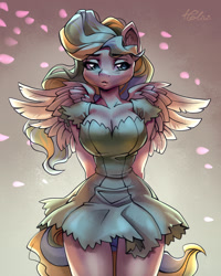 Size: 1554x1947 | Tagged: safe, artist:holivi, character:vapor trail, species:anthro, species:pegasus, species:pony, g4, backlighting, big breasts, breasts, busty vapor trail, cleavage, clothing, female, flower petals, hands behind back, huge breasts, impossibly thin waist, lidded eyes, solo, thigh gap, thighs, who needs an entire pelvis anyway, wide hips