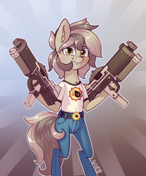 Size: 2000x2400 | Tagged: safe, artist:dsp2003, oc, oc only, oc:stone, species:earth pony, species:pony, >:2, abstract background, bipedal, birthday gift art, blushing, clothing, cosplay, costume, female, gun, jeans, mare, pants, parody, pun, semi-anthro, serious pony, serious sam, shirt, smiling, solo, sunburst background, weapon