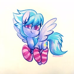 Size: 2048x2048 | Tagged: safe, artist:dawnfire, character:cloudchaser, species:pegasus, species:pony, clothing, cute, cutechaser, female, mare, marker drawing, smiling, socks, solo, stockings, striped socks, thigh highs, traditional art