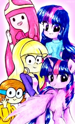 Size: 1792x2944 | Tagged: safe, artist:liaaqila, character:twilight sparkle, character:twilight sparkle (alicorn), species:alicorn, species:human, species:pony, my little pony:equestria girls, adventure time, crossover, cute, dendy, eye clipping through hair, gravity falls, humanized, ok ko let's be heroes, open mouth, pacifica northwest, princess bubblegum, traditional art, twiabetes