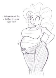 Size: 1390x1935 | Tagged: safe, artist:funble, character:pinkie pie, my little pony:equestria girls, belly, big belly, breasts, clothing, dialogue, female, monochrome, pants, preggy pie, pregnant, pregnant equestria girls, sketch, solo