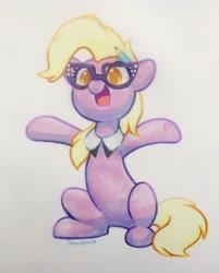 Size: 1648x2048 | Tagged: safe, artist:dawnfire, character:grace manewitz, species:earth pony, species:pony, copic, cute, eyelashes, female, glasses, hooves up, mare, necktie, no pupils, open mouth, pencil, signature, simple background, sitting, smiling, solo, traditional art, white background