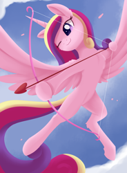 Size: 1825x2481 | Tagged: safe, artist:dusthiel, character:princess cadance, species:alicorn, species:pony, arrow, bow (weapon), cloud, cupid, cupidance, cute, cutedance, female, flying, heart, hoof hold, mare, one eye closed, princess of love, sky, solo, wings