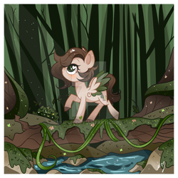 Size: 800x800 | Tagged: safe, artist:ipun, oc, oc only, oc:pacific pine, species:pegasus, species:pony, deviantart watermark, female, forest, heart eyes, mare, obtrusive watermark, solo, tree, two toned wings, vine, watermark, wingding eyes