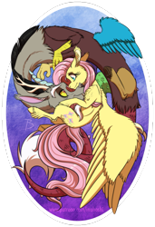 Size: 1281x1872 | Tagged: safe, artist:inuhoshi-to-darkpen, character:discord, character:fluttershy, species:draconequus, species:pegasus, species:pony, ship:discoshy, cheek fluff, cute, discute, ear fluff, female, fluffy, leg fluff, looking at each other, male, mare, shipping, shoulder fluff, shyabetes, straight, unshorn fetlocks, wing fluff