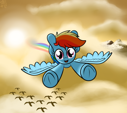 Size: 4000x3550 | Tagged: safe, artist:kimjoman, character:rainbow dash, species:bird, species:pegasus, species:pony, cloud, cloudy, cute, dusk, female, flying, looking at you, mountain, outdoors, rainbow, scenery, sky, solo, spread wings, sunset, wings