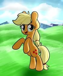 Size: 3173x3809 | Tagged: safe, artist:kimjoman, character:applejack, species:earth pony, species:pony, bipedal, cloud, cloudy, cute, female, grass, grass field, jackabetes, looking at you, meadow, mountain, outdoors, solo