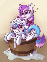Size: 2187x2894 | Tagged: safe, artist:sugaryviolet, oc, oc only, oc:malina, oc:starburn, species:bat pony, species:pegasus, species:pony, bat pony oc, bath, bathing, bathtub, blushing, bubble bath, cute, embarrassed, female, floppy ears, mother and daughter, mothers gonna mother, music notes, one eye closed, smiling, soap bubble, suds, washing hair, washtub