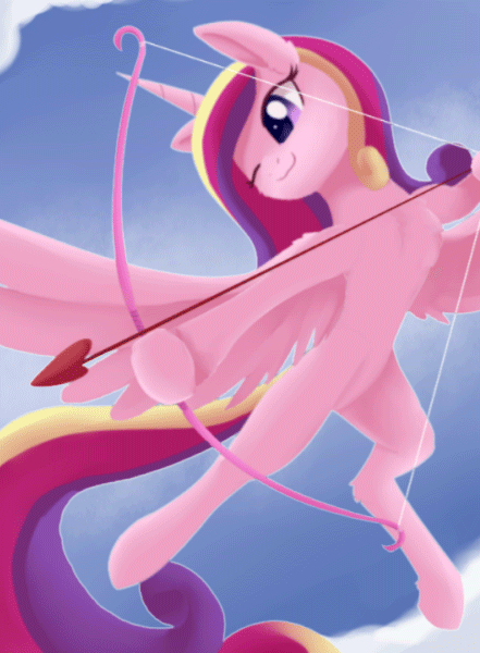 Size: 441x600 | Tagged: safe, artist:dusthiel, artist:szafir87, character:princess cadance, species:alicorn, species:pony, animated, arrow, bow (weapon), bow and arrow, female, flying, gif, heart, mare, missing accessory, one eye closed, solo, weapon
