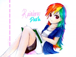 Size: 2311x1737 | Tagged: safe, artist:liaaqila, character:rainbow dash, species:human, beautiful, book, clothing, compression shorts, cute, dashabetes, female, humanized, jacket, legs, miniskirt, moe, multicolored hair, shorts, simple background, skirt, skirt lift, solo, traditional art, white background