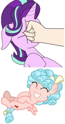 Size: 881x1683 | Tagged: safe, anonymous artist, artist:frownfactory, edit, character:cozy glow, character:starlight glimmer, species:pegasus, species:pony, species:unicorn, derpibooru, episode:marks for effort, g4, my little pony: friendship is magic, abuse, cutie mark, downvote bait, drama, eyes closed, female, filly, fist, floppy ears, glimmerbuse, hand, juxtaposition, meta, op is a duck, punch, simple background, smiling, starlight drama, transparent background, wings