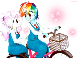 Size: 2246x1674 | Tagged: safe, artist:liaaqila, character:fluttershy, character:rainbow dash, my little pony:equestria girls, alternate hairstyle, bicycle, duo, ponytail, short hair, traditional art