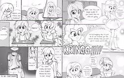 Size: 1927x1208 | Tagged: safe, artist:liaaqila, character:cheerilee, character:fluttershy, character:lightning dust, character:pinkie pie, character:rainbow dash, character:sunset shimmer, species:human, comic:the rainbooms, :i, class, classroom, clothing, comic, converse, cross-popping veins, humanized, monochrome, right to left, school, shoes, traditional art