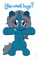 Size: 1344x2048 | Tagged: safe, artist:kimjoman, oc, oc only, oc:blue moon, species:pony, species:unicorn, blushing, chest fluff, female, filly, hooves out, looking at you, simple background, sitting, solo, text, this will end in hugs