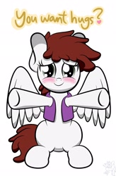 Size: 1344x2048 | Tagged: safe, artist:kimjoman, oc, oc only, oc:graph travel, species:pegasus, species:pony, blushing, clothing, female, freckles, hooves out, looking at you, mare, simple background, sitting, solo, spread wings, text, this will end in hugs, vest, wings