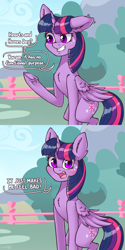 Size: 1600x3200 | Tagged: safe, artist:dsp2003, character:twilight sparkle, character:twilight sparkle (alicorn), species:alicorn, species:pony, g4, blushing, chest fluff, cloud, colored pupils, comic, cute, dialogue, ear fluff, ear twitch, eye clipping through hair, eyebrows, eyebrows visible through hair, female, floppy ears, fluffy, forever alone, frog (hoof), grin, hoof fluff, looking at you, looking sideways, mare, nervous, nervous grin, open mouth, parody, ponified meme, ponyville, raised hoof, reference, shoulder fluff, signature, smiling, speech bubble, squatting, steven universe, sweat, sweatdrop, three quarter view, twiabetes, underhoof, wide eyes, wing fluff