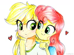 Size: 2136x1602 | Tagged: safe, artist:liaaqila, character:applejack, character:strawberry sunrise, ship:applerise, my little pony:equestria girls, blushing, clothing, cute, equestria girls-ified, female, heart, hug, jackabetes, lesbian, looking at each other, shipping, shirt, signature, smiling, strawwberry sunrise, t-shirt, traditional art