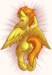 Size: 2766x4000 | Tagged: safe, artist:denzel, artist:sugaryviolet, character:spitfire, species:pegasus, species:pony, anatomically incorrect, blushing, body pillow design, female, firebutt, frog (hoof), humanoid torso, incorrect leg anatomy, looking back, mare, plot, solo, underhoof