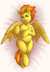 Size: 2766x4000 | Tagged: safe, artist:denzel, artist:sugaryviolet, character:spitfire, species:pegasus, species:pony, belly, blushing, body pillow design, clover, female, four leaf clover, human shoulders, mare, semi-anthro, solo