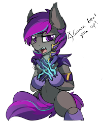 Size: 1618x1996 | Tagged: safe, artist:beardie, oc, oc only, oc:platinum wing, species:bat pony, species:pony, armor, bat pony oc, dialogue, ear fluff, hoof blades, looking at you, open mouth, simple background, sitting, solo, talking to viewer, transparent background, weapon
