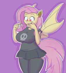 Size: 903x999 | Tagged: safe, artist:funble, character:flutterbat, character:fluttershy, species:anthro, species:bat pony, 40 weeks flutterbat, bat ponified, big breasts, breasts, busty fluttershy, clothing, cute, female, miniskirt, pregnancy test, pregnant, purple background, race swap, short skirt, simple background, skirt, socks, solo, spread wings, stockings, thigh highs, wings
