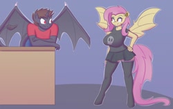 Size: 1280x810 | Tagged: safe, artist:funble, character:flutterbat, character:fluttershy, oc, oc:shale, species:anthro, species:bat pony, species:unguligrade anthro, 40 weeks flutterbat, abstract background, anthro oc, bat ponified, big breasts, breasts, busty fluttershy, canon x oc, clothing, cute, female, hand on hip, huge breasts, male, miniskirt, pregnancy test, pregnant, race swap, shipping, skirt, socks, spread wings, stockings, straight, thigh highs, wings