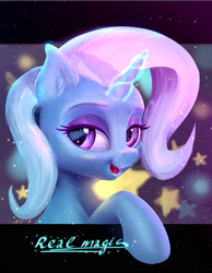 Size: 1829x2356 | Tagged: safe, artist:xbi, character:trixie, species:pony, species:unicorn, bedroom eyes, bust, female, looking at you, magic, mare, portrait, solo, stars, text