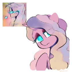 Size: 900x900 | Tagged: safe, artist:dawnfire, machine learning generated, oc, oc only, species:pony, species:unicorn, bust, female, looking at you, mare, portrait, raised hoof, solo