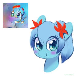 Size: 900x900 | Tagged: safe, artist:dawnfire, machine learning generated, oc, oc only, species:pony, bust, flower, flower in hair, looking at you, portrait, smiling, solo