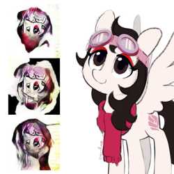 Size: 900x900 | Tagged: safe, ai model:aerial, artist:dawnfire, machine learning generated, oc, oc only, oc:aerial, species:pegasus, species:pony, clothing, goggles, looking up, scarf, solo