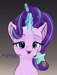 Size: 1615x2114 | Tagged: safe, artist:xbi, character:starlight glimmer, species:pony, species:unicorn, episode:starlight the hypnotist, spoiler:interseason shorts, bust, ear fluff, female, glowing horn, gradient background, hypnosis, looking at you, magic, pendulum swing, solo, speech, stars, telekinesis