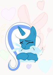 Size: 2894x4093 | Tagged: safe, artist:lazuli, artist:riofluttershy, oc, oc:fleurbelle, species:alicorn, species:pony, species:rabbit, abstract background, adorabelle, alicorn oc, animal, bow, candy, cute, eyes closed, food, hair bow, heart, hug, lollypop, pink ribbon, ribbon, sweets