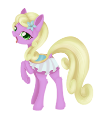 Size: 1024x1191 | Tagged: safe, artist:dusthiel, character:spring forward, species:earth pony, species:pony, clothing, dock, female, flower, flower in hair, looking at you, looking back, looking back at you, mare, open mouth, rear view, saddle, skirt, solo, tack, tongue out