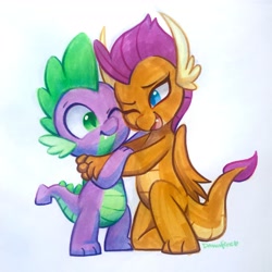 Size: 3024x3024 | Tagged: safe, artist:dawnfire, character:smolder, character:spike, species:dragon, ship:spolder, baby, baby dragon, claws, cute, dragoness, female, friends, friendshipping, hug, male, one eye closed, one eye open, open mouth, shipping, shipping fuel, simple background, smiling, smolderbetes, spikabetes, straight, sweet dreams fuel, white background, wink