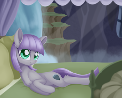Size: 1926x1539 | Tagged: safe, artist:dusthiel, character:maud pie, species:earth pony, species:pony, bed, cheek fluff, chest fluff, cute, ear fluff, female, leg fluff, looking at you, mare, maud's cave, maudabetes, on side, pillow, solo, waterfall