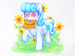 Size: 2048x1536 | Tagged: safe, artist:dawnfire, oc, oc only, oc:packing peanuts, species:pony, amazon.com, blue mane, flower, package, packing peanuts, pink eyes, raised hoof, raised leg, simple background, sunflower, traditional art, white coat
