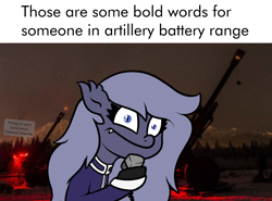 Size: 1024x757 | Tagged: safe, artist:moonatik, oc, oc only, oc:selenite, species:bat pony, species:pony, artillery, bat pony oc, clothing, dialogue, fangs, female, frown, general, gloves, gun, imminent explosion, irl, mare, meme, night, photo, radio, solo, speech bubble, threat, threatening, uniform, weapon, wires